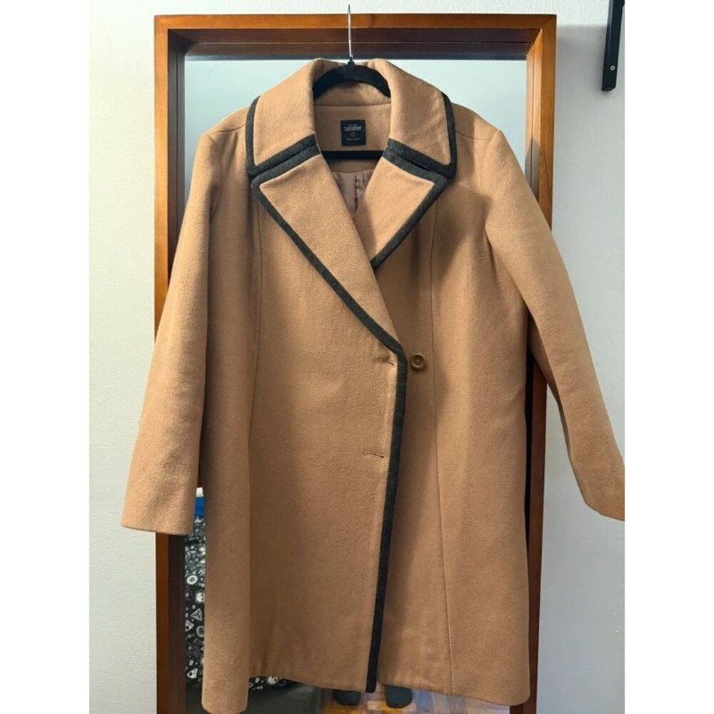 Kate Spade Saturday Camel Wool Blend Coat Black Trim Size S